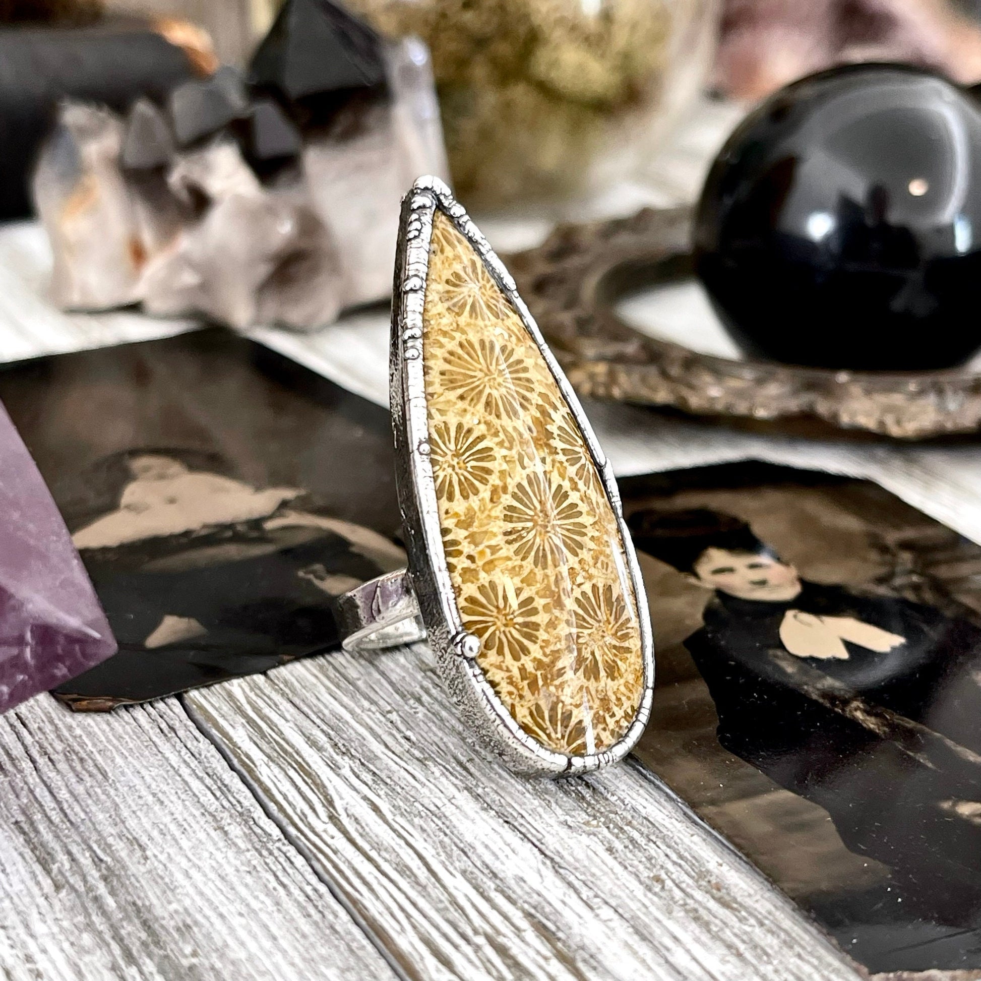 Size 8 Fossilized Coral Silver Statement Ring / Foxlark Collection - One of a Kind - Foxlark Crystal Jewelry