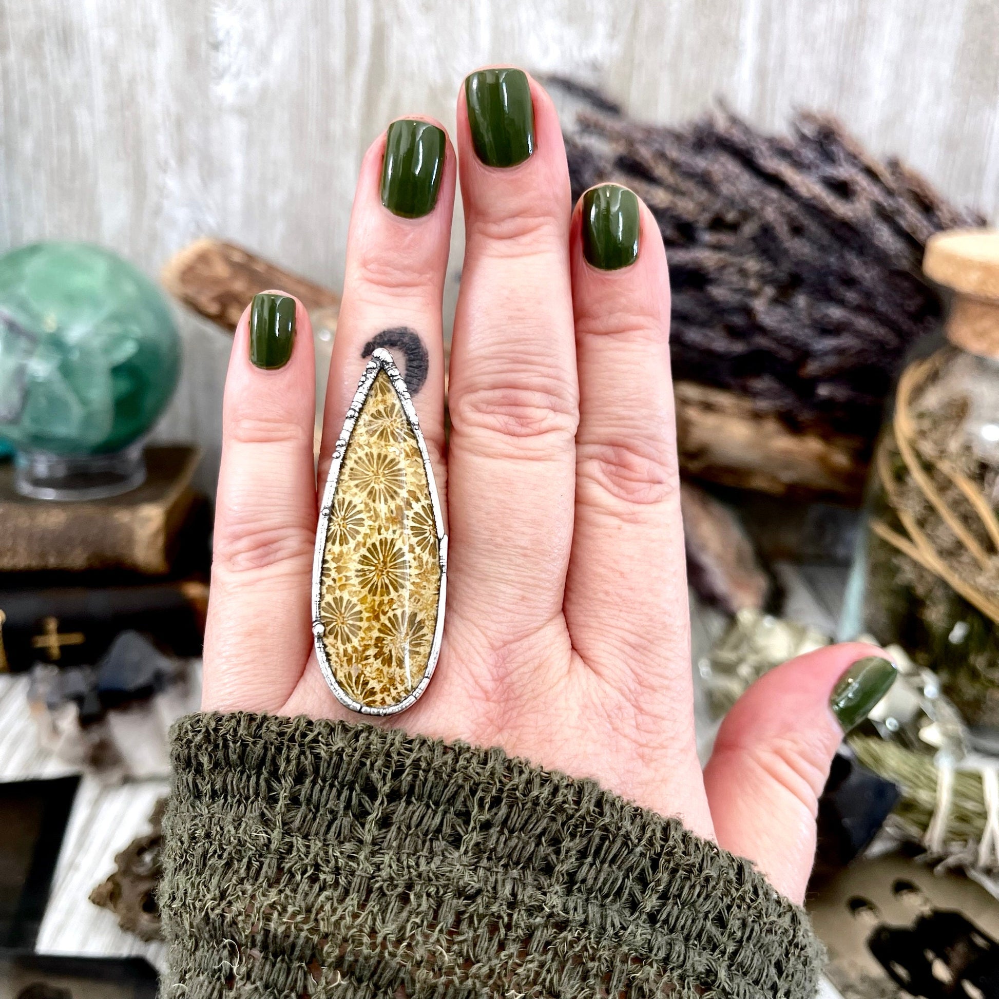 Size 8 Fossilized Coral Silver Statement Ring / Foxlark Collection - One of a Kind - Foxlark Crystal Jewelry