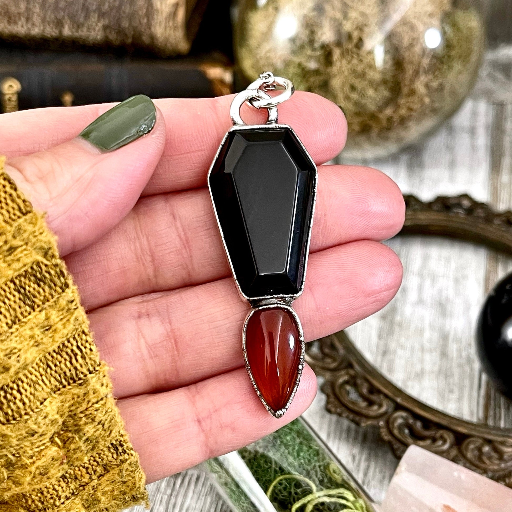 Crystal Coffin Black Onyx and Red Carnelian Necklace / Gothic Jewelry - Foxlark Crystal Jewelry
