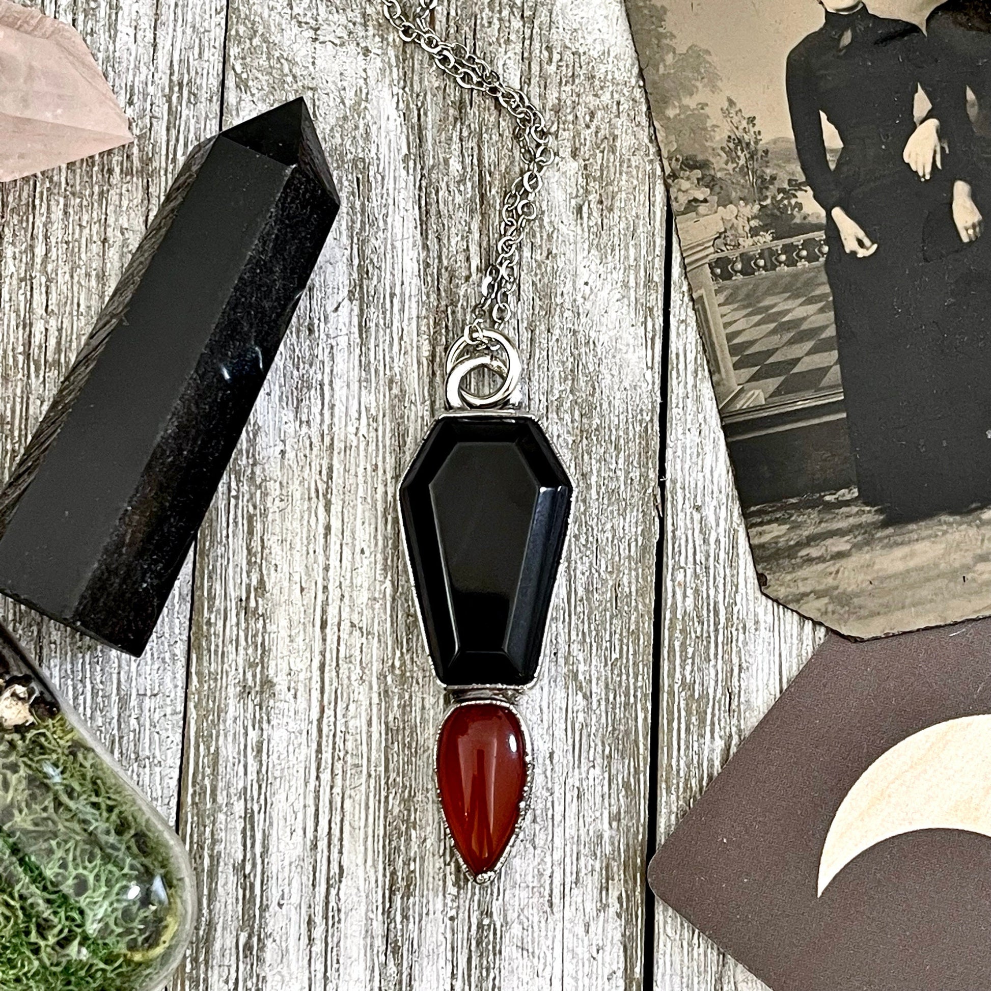 Crystal Coffin Black Onyx and Red Carnelian Necklace / Gothic Jewelry - Foxlark Crystal Jewelry