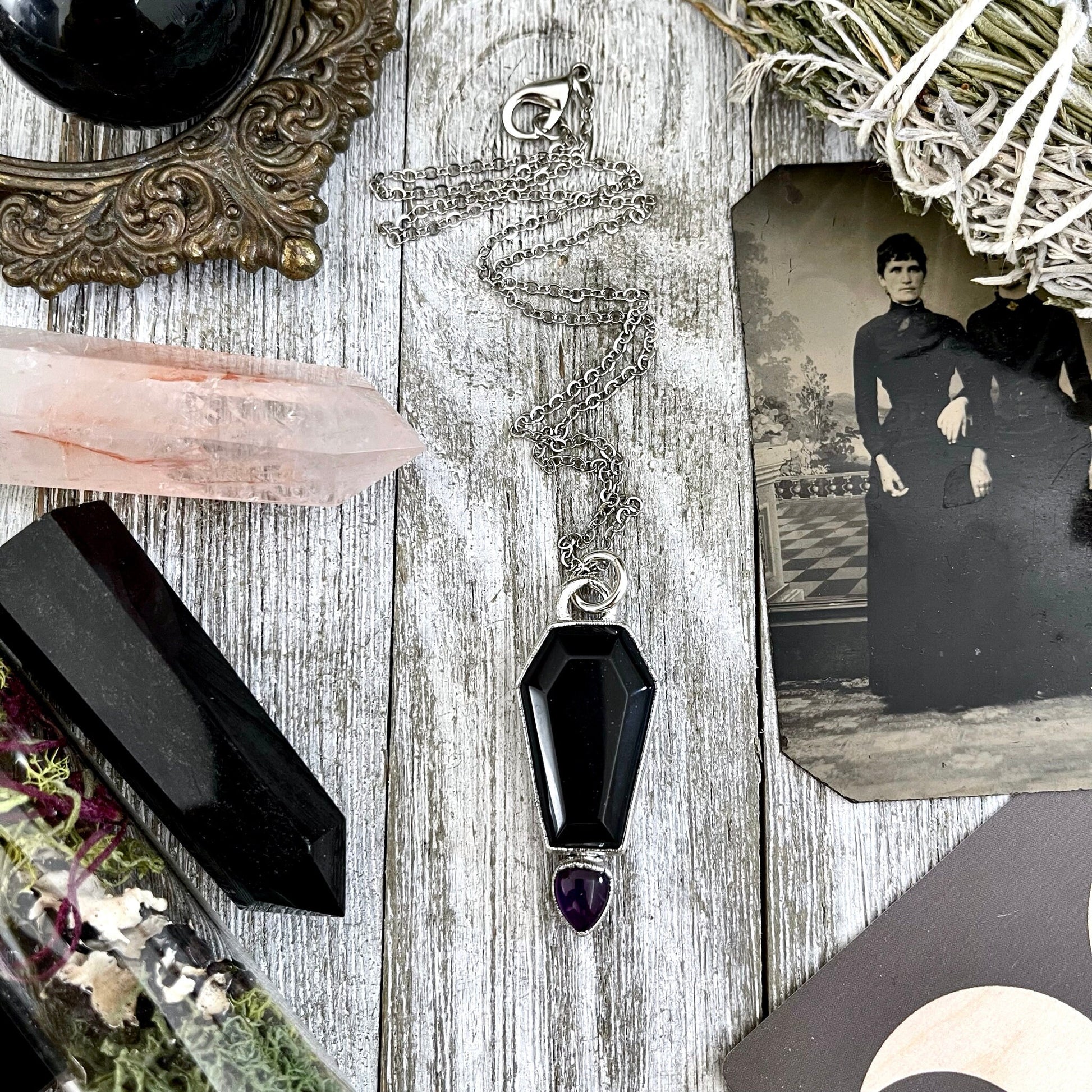 Crystal Coffin Black Onyx and Amethyst Necklace / Gothic Jewelry - Foxlark Crystal Jewelry