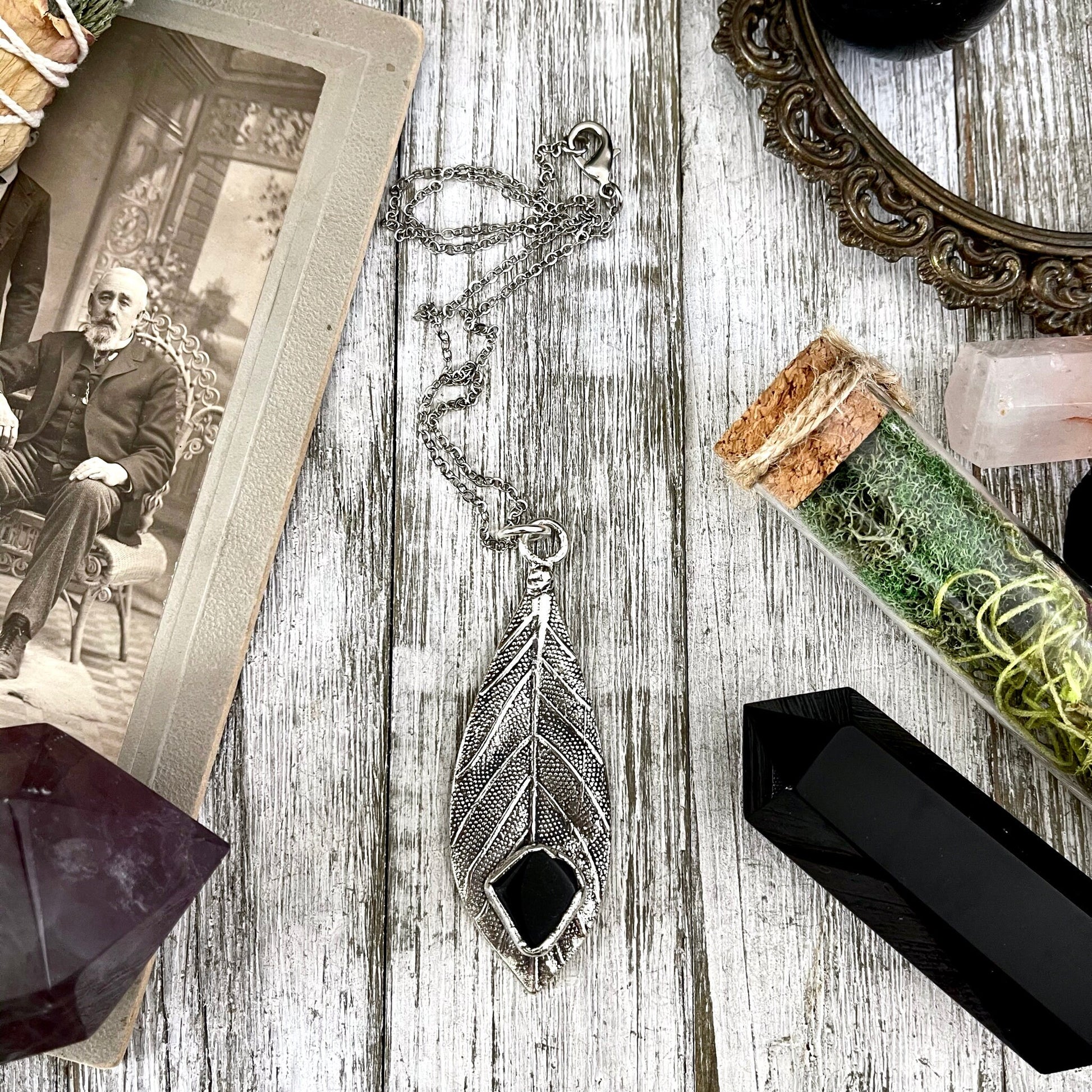 Black Onyx Leaf Necklace in Silver / Natural Wood & Stone Necklace Pendant - Foxlark Crystal Jewelry