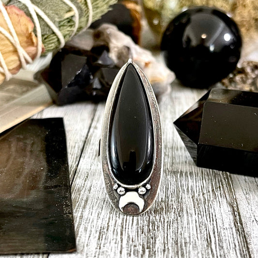 Magic Moons Black Onyx Ring in Sterling Silver / Designed by FOXLARK Collection Adjustable to Size 6 7 8 9 10 - Foxlark Crystal Jewelry