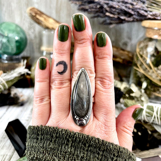 Magic Moons Silver Sheen Obsidian Ring in Sterling Silver / Designed by FOXLARK Collection Adjustable to Size 6 7 8 9 10 - Foxlark Crystal Jewelry