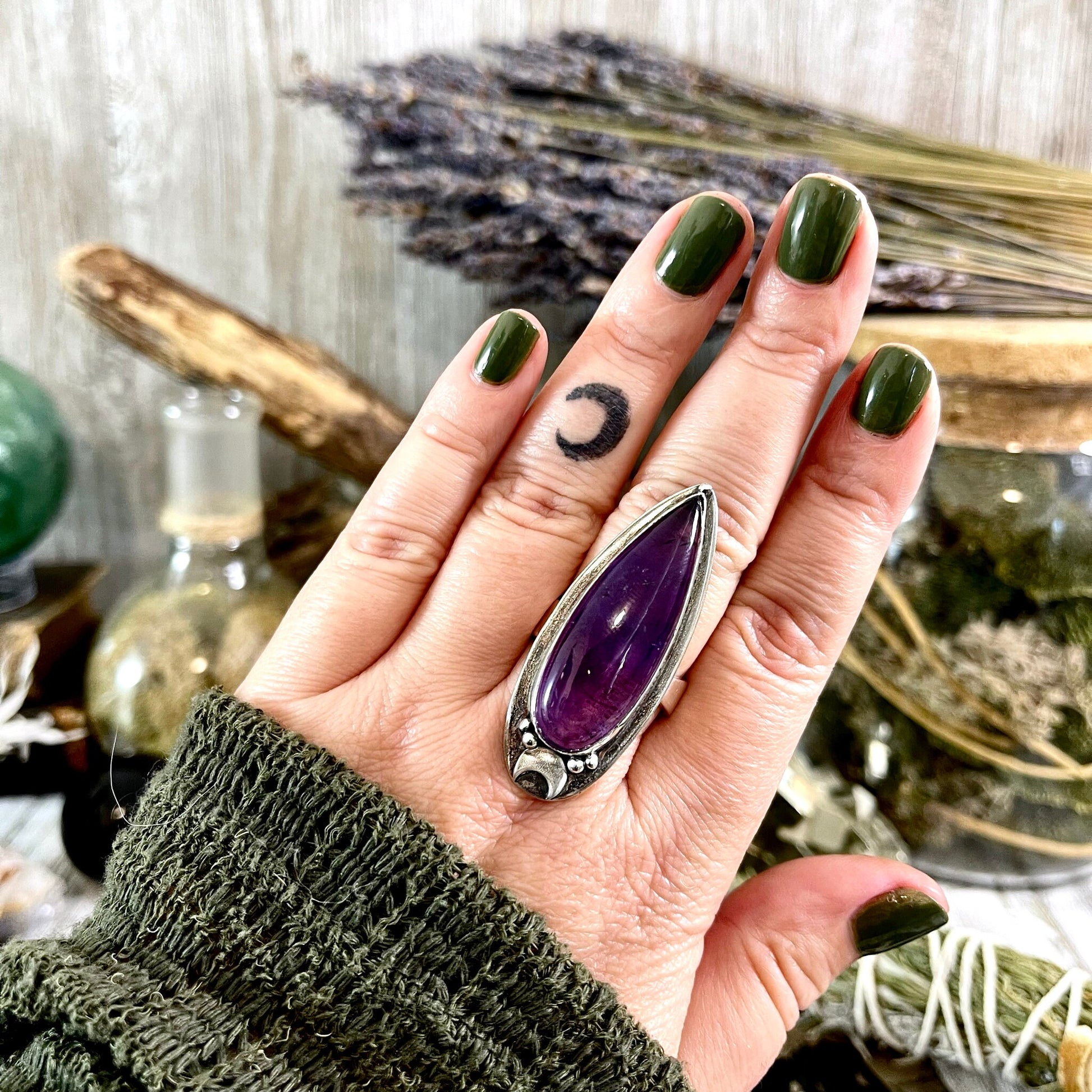 Magic Moons Amethyst Ring in Solid Sterling Silver- Designed by FOXLARK Collection Adjustable to Size 6 7 8 9 10 / Crystal Witchy Jewelry - Foxlark Crystal Jewelry