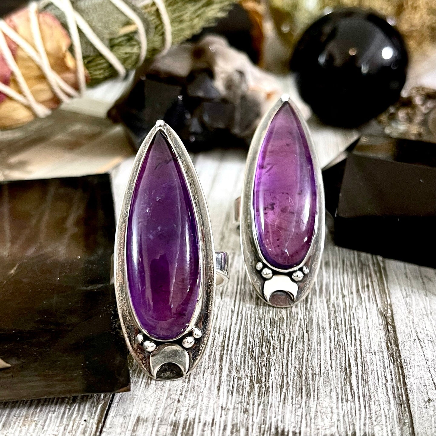 Magic Moons Amethyst Ring in Solid Sterling Silver- Designed by FOXLARK Collection Adjustable to Size 6 7 8 9 10 / Crystal Witchy Jewelry - Foxlark Crystal Jewelry