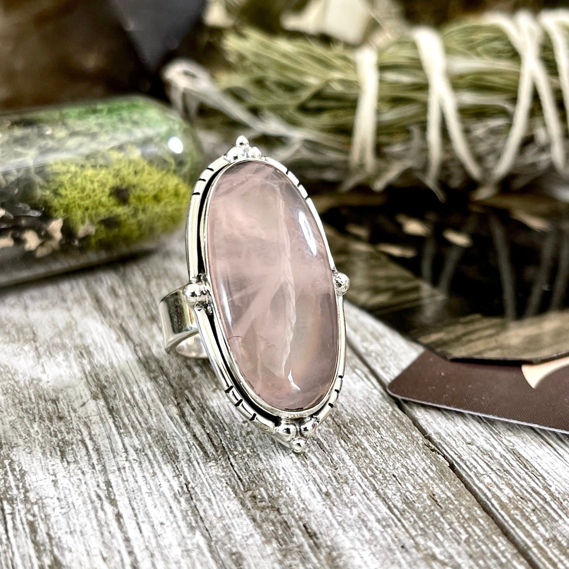 Rose Quartz Oval Crystal Statement Ring in Sterling Silver - Designed by FOXLARK Collection Adjustable to Size 6 7 8 9 | Pink Stone - Foxlark Crystal Jewelry