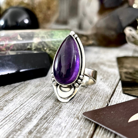 Midnight Moon Amethyst Teardrop Crystal Ring in Solid Sterling Silver- Designed by FOXLARK Collection Adjustable to Size 6 7 8 9 / Purple