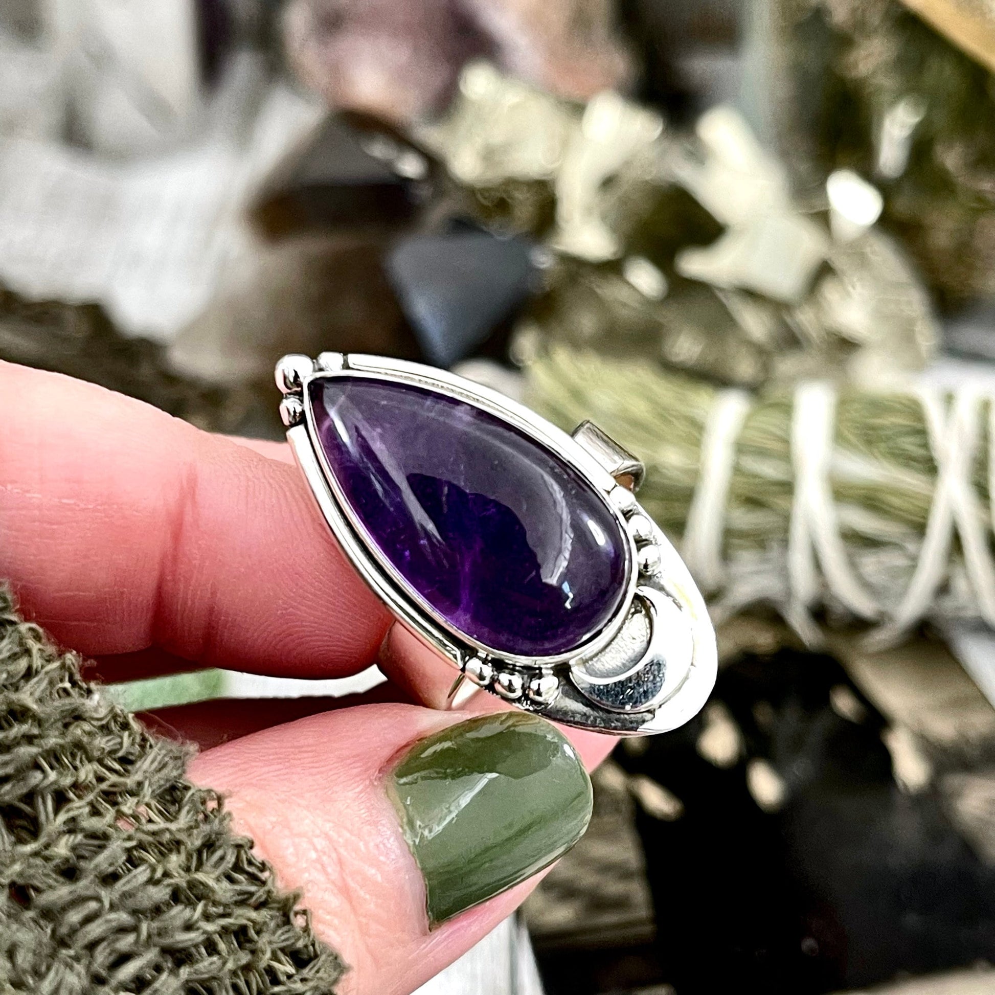 Midnight Moon Amethyst Teardrop Crystal Ring in Solid Sterling Silver- Designed by FOXLARK Collection Adjustable to Size 6 7 8 9 / Purple