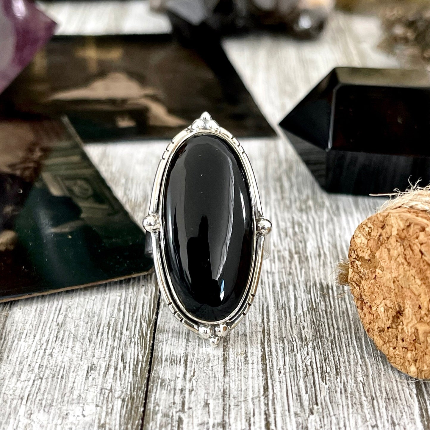 Black Onyx Oval Crystal Statement Ring in Sterling Silver - Designed by FOXLARK Collection Adjustable to Size 6 7 8 9 | Stone Ring - Foxlark Crystal Jewelry