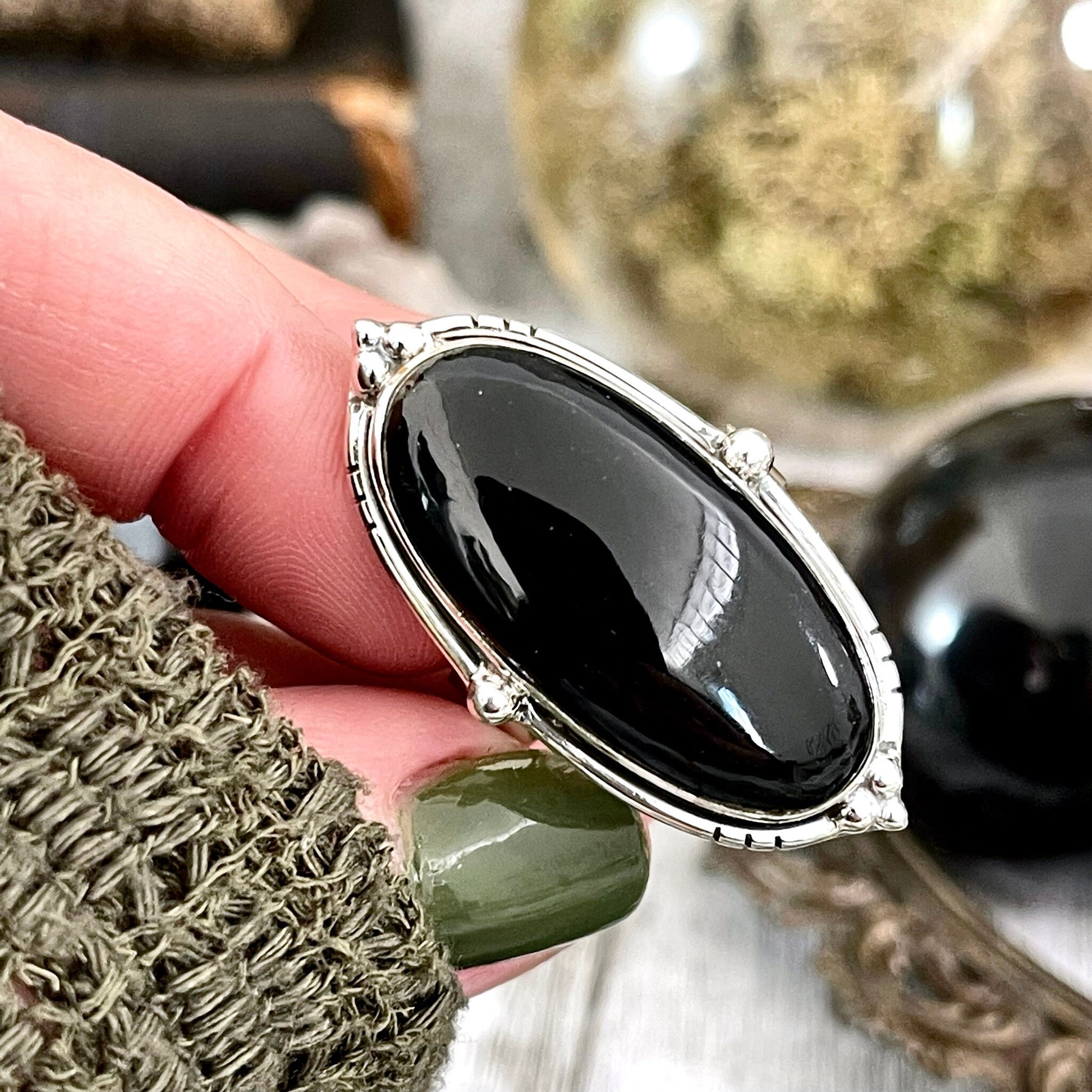 Black Onyx Oval Crystal Statement Ring in Sterling Silver - Designed by FOXLARK Collection Adjustable to Size 6 7 8 9 | Stone Ring - Foxlark Crystal Jewelry