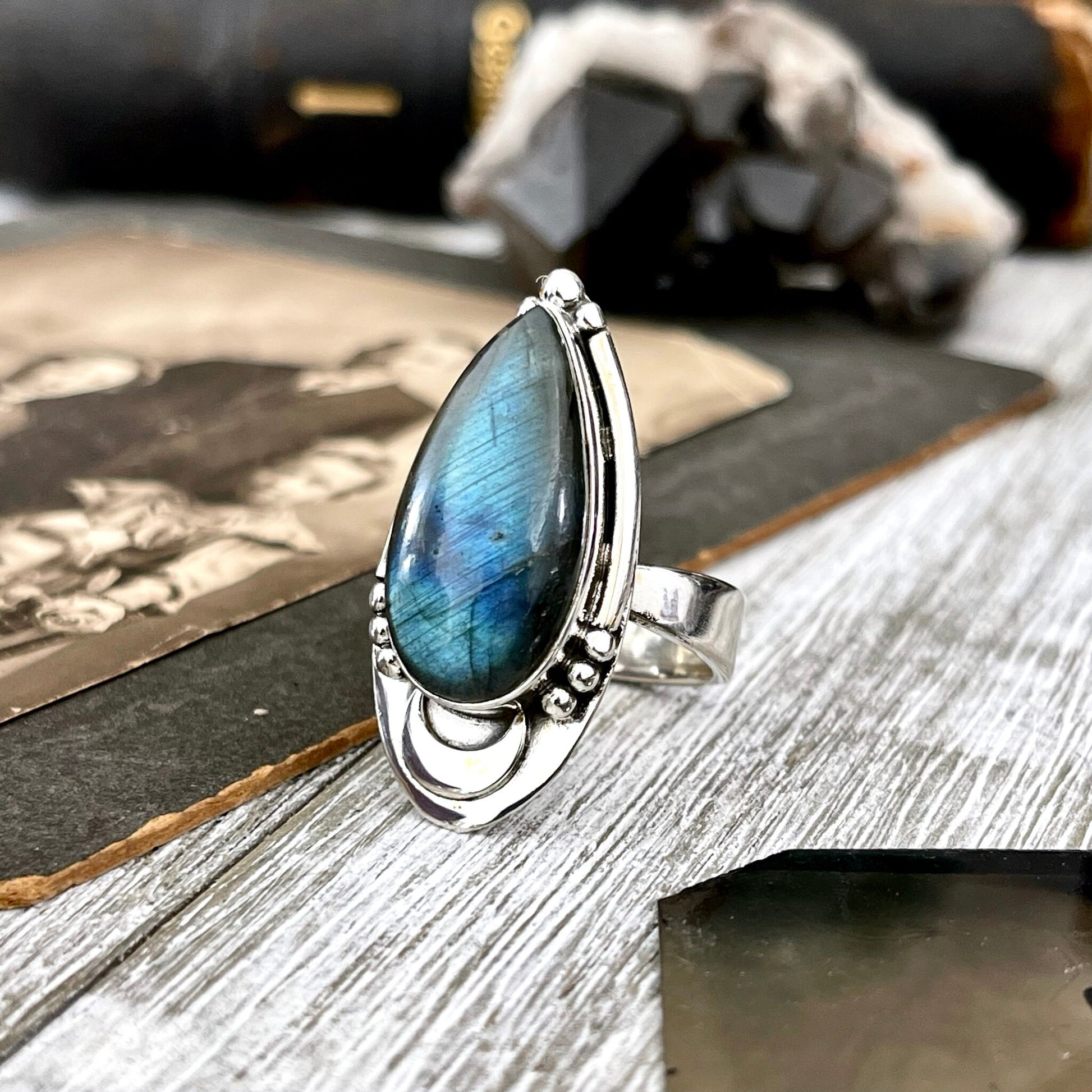Labradorite Crystal Ring in Sterling Silver Midnight Moon Ring / Designed by FOXLARK - Adjustable to Size 6 7 8 9.