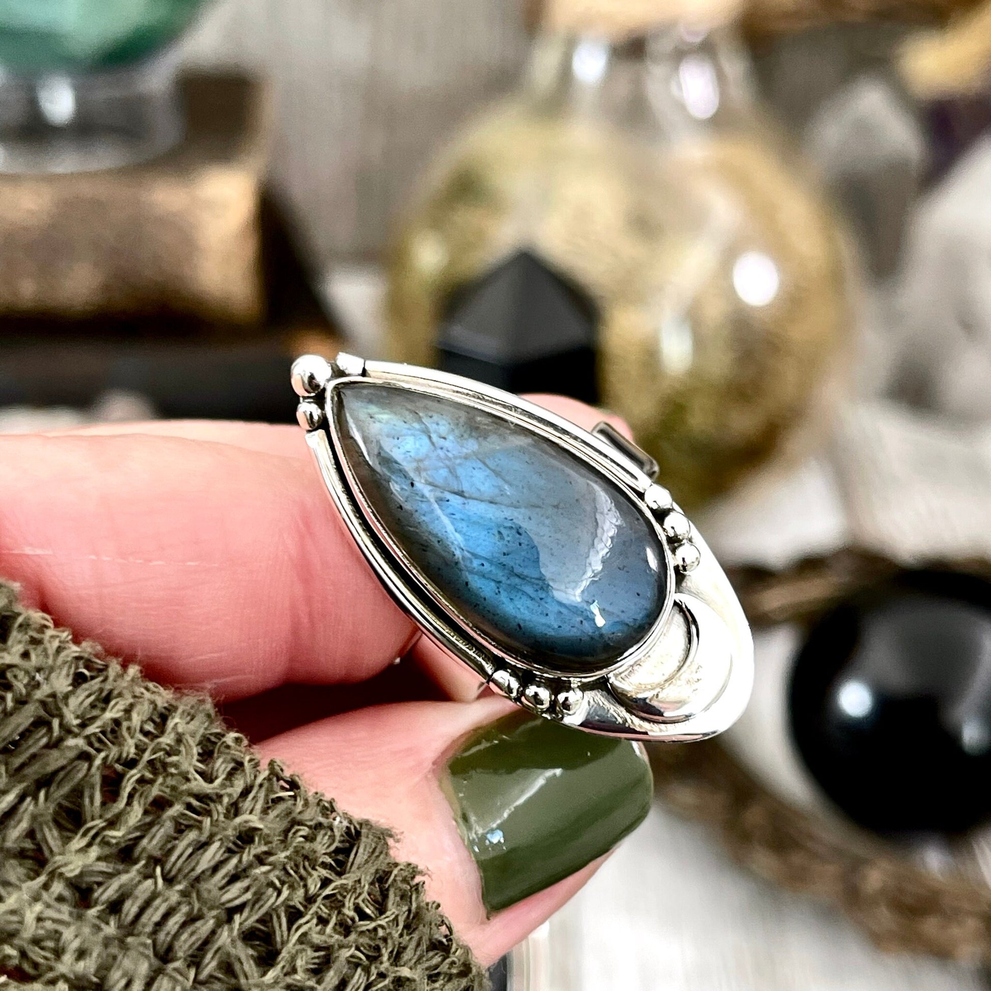Labradorite Crystal Ring in Sterling Silver Midnight Moon Ring / Designed by FOXLARK - Adjustable to Size 6 7 8 9.