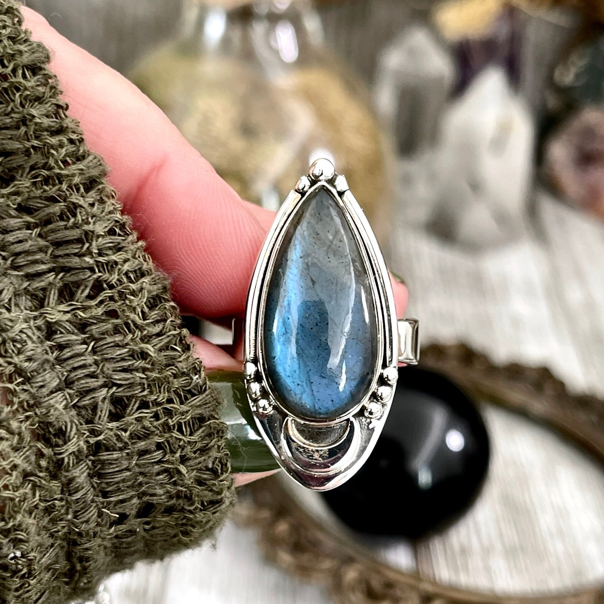 Labradorite Crystal Ring in Sterling Silver Midnight Moon Ring / Designed by FOXLARK - Adjustable to Size 6 7 8 9.