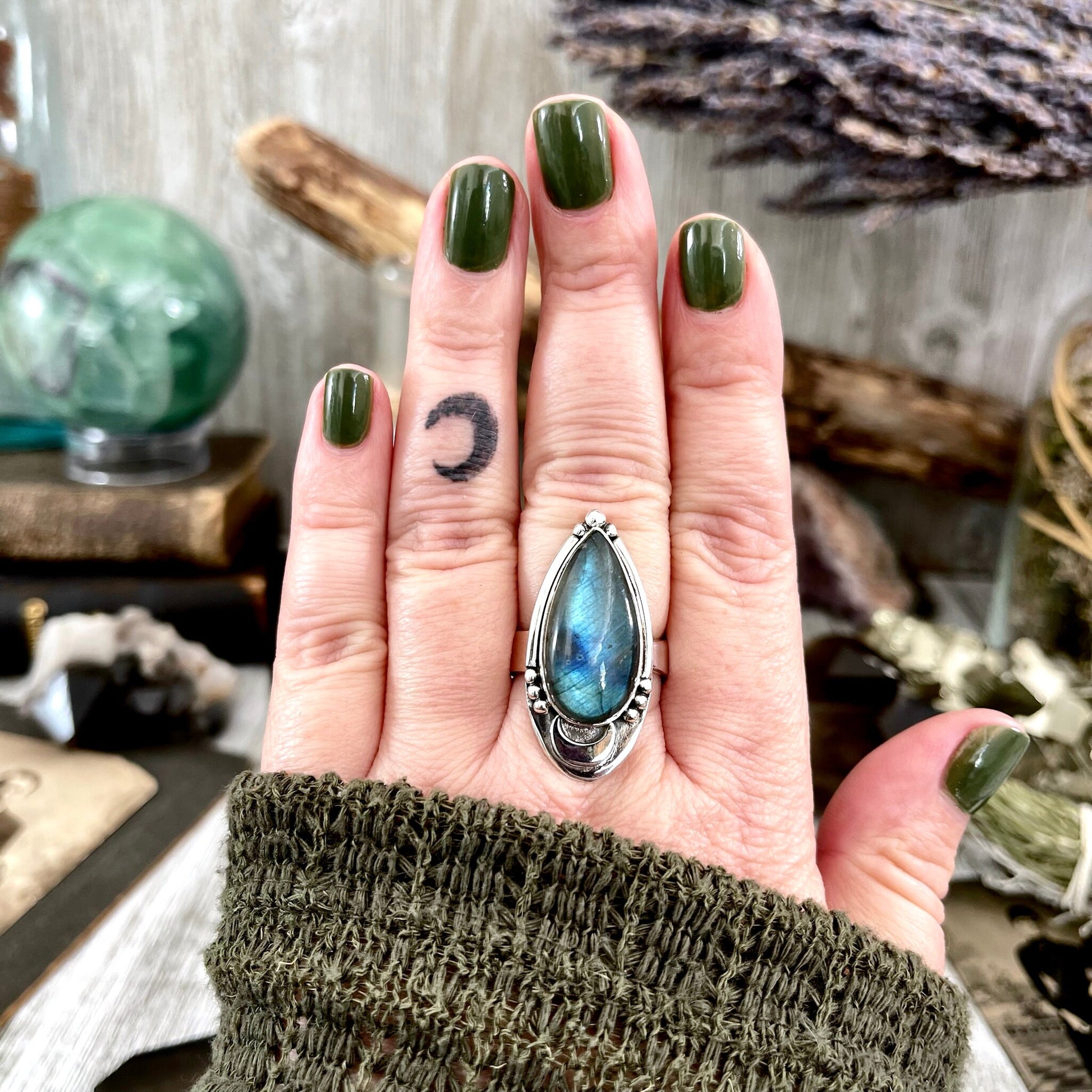Labradorite Crystal Ring in Sterling Silver Midnight Moon Ring / Designed by FOXLARK - Adjustable to Size 6 7 8 9.