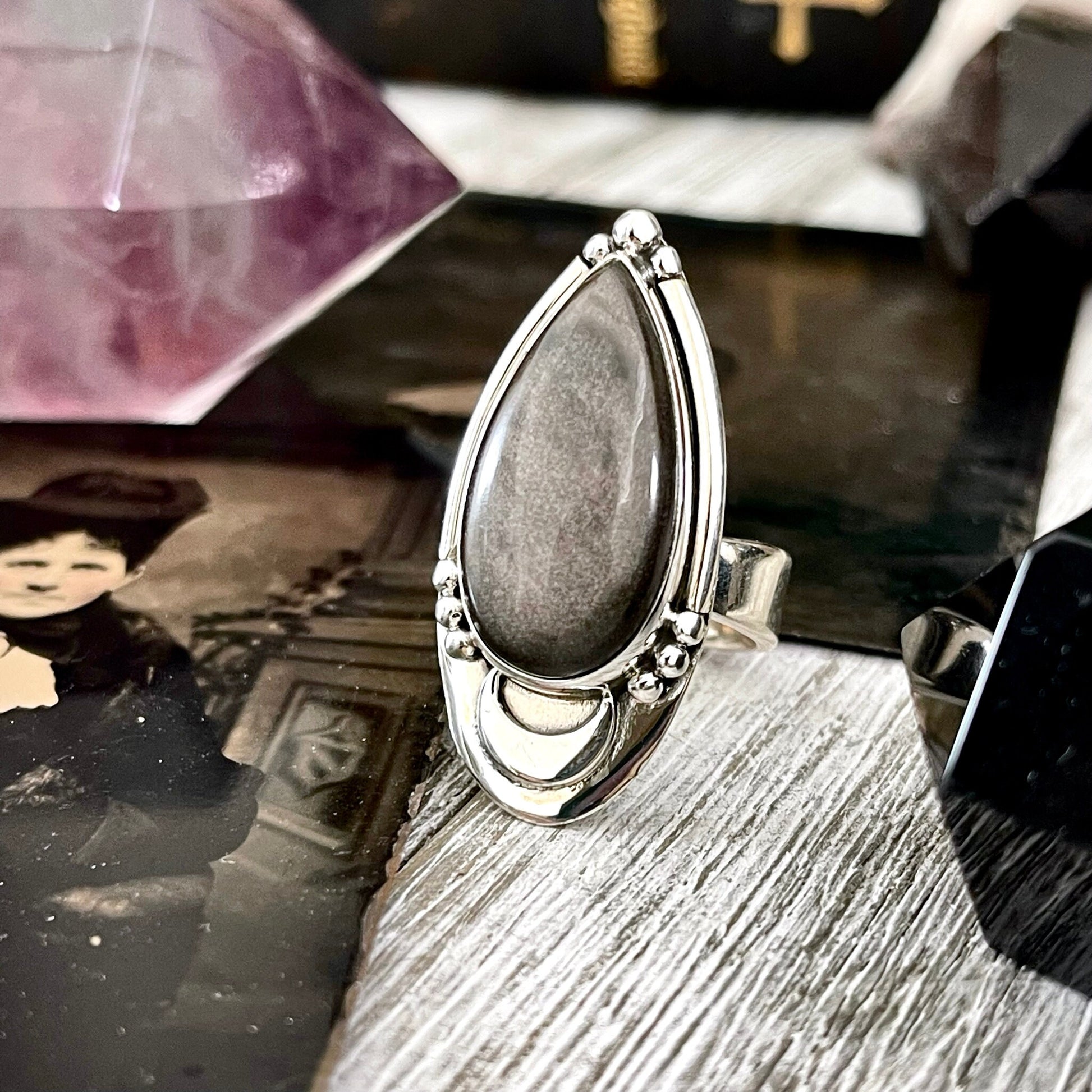 Silver Sheen Obsidian Ring Midnight Moon Crystal Ring Sterling Silver / Designed by FOXLARK - Adjustable to Size 6 7 8 9.