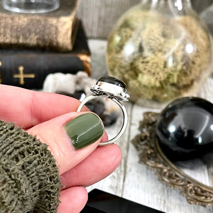 Silver Sheen Obsidian Ring Midnight Moon Crystal Ring Sterling Silver / Designed by FOXLARK - Adjustable to Size 6 7 8 9.