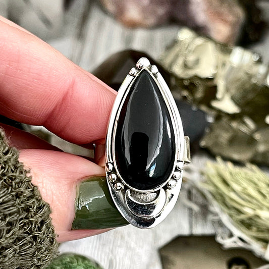 Black Obsidian Crystal Ring in Sterling Silver, Midnight Moon Ring / Designed by FOXLARK Adjustable to Size 6 7 8 9 Gemstone Jewelry Goth Ring.