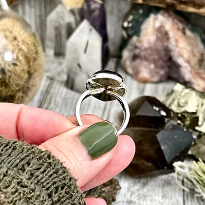 Black Obsidian Crystal Ring in Sterling Silver, Midnight Moon Ring / Designed by FOXLARK Adjustable to Size 6 7 8 9 Gemstone Jewelry Goth Ring.