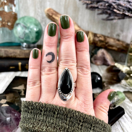 Black Obsidian Crystal Ring in Sterling Silver, Midnight Moon Ring / Designed by FOXLARK Adjustable to Size 6 7 8 9 Gemstone Jewelry Goth Ring.