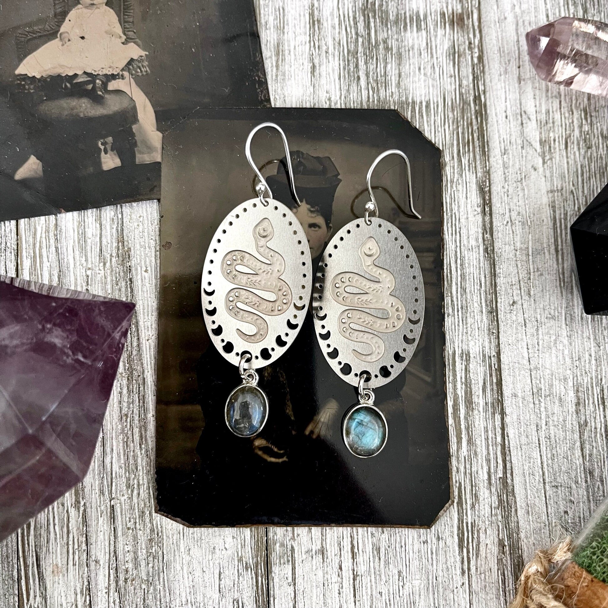 Snake and Moon Phases Labradorite Earrings Sterling Silver & Stainless Steel Earrings / - Foxlark Crystal Jewelry