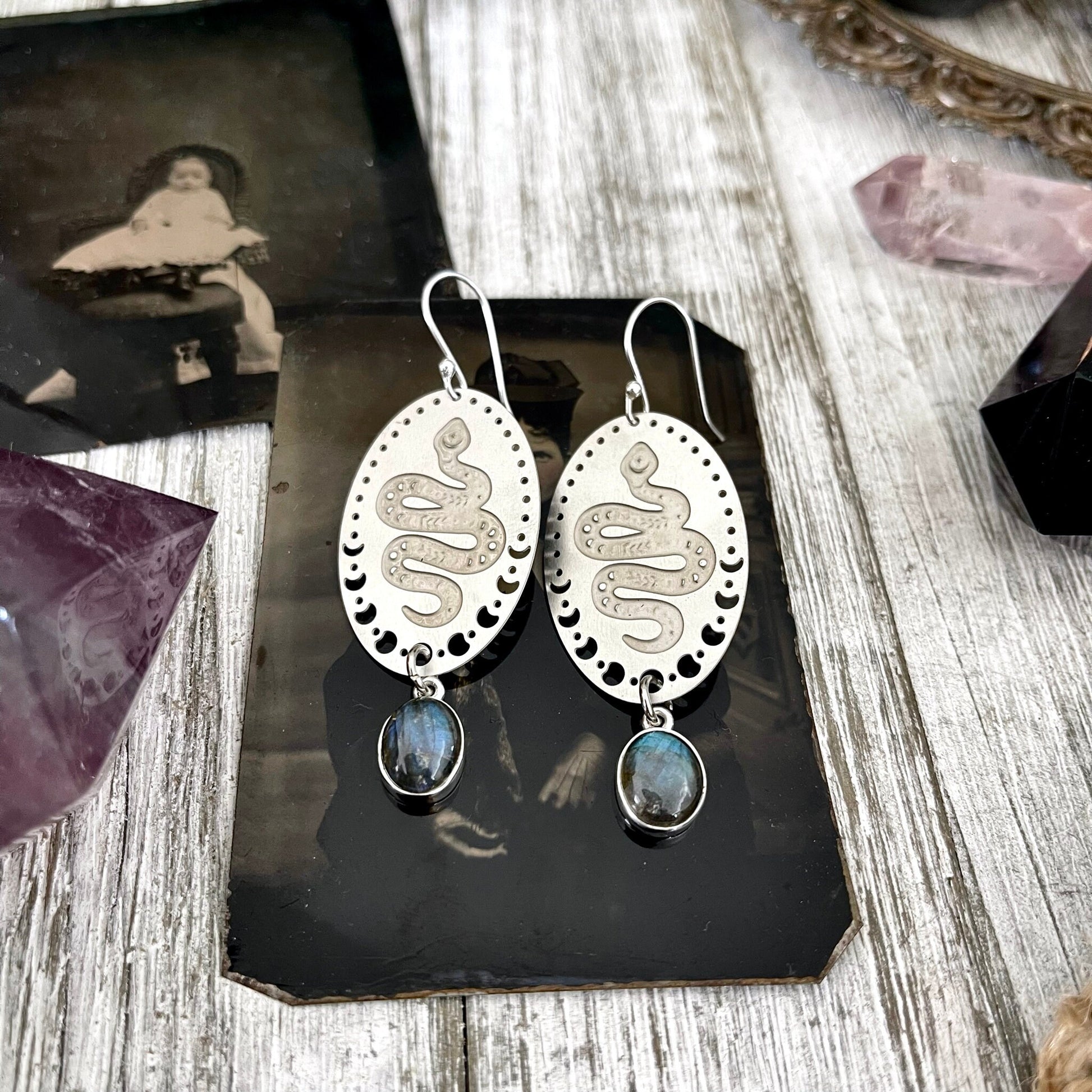 Snake and Moon Phases Labradorite Earrings Sterling Silver & Stainless Steel Earrings / - Foxlark Crystal Jewelry