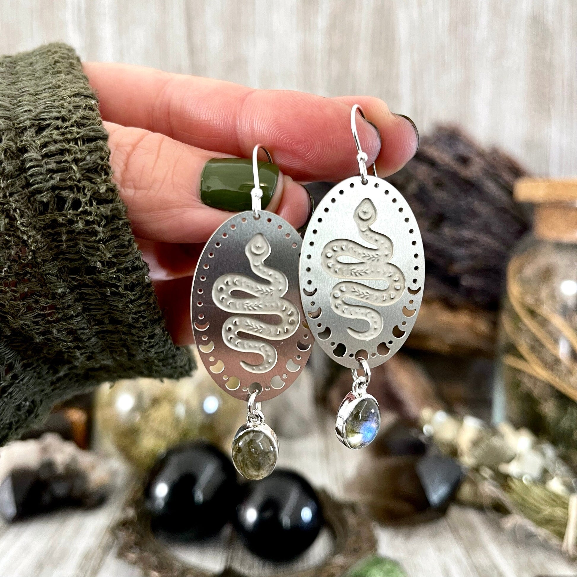Snake and Moon Phases Labradorite Earrings Sterling Silver & Stainless Steel Earrings / - Foxlark Crystal Jewelry