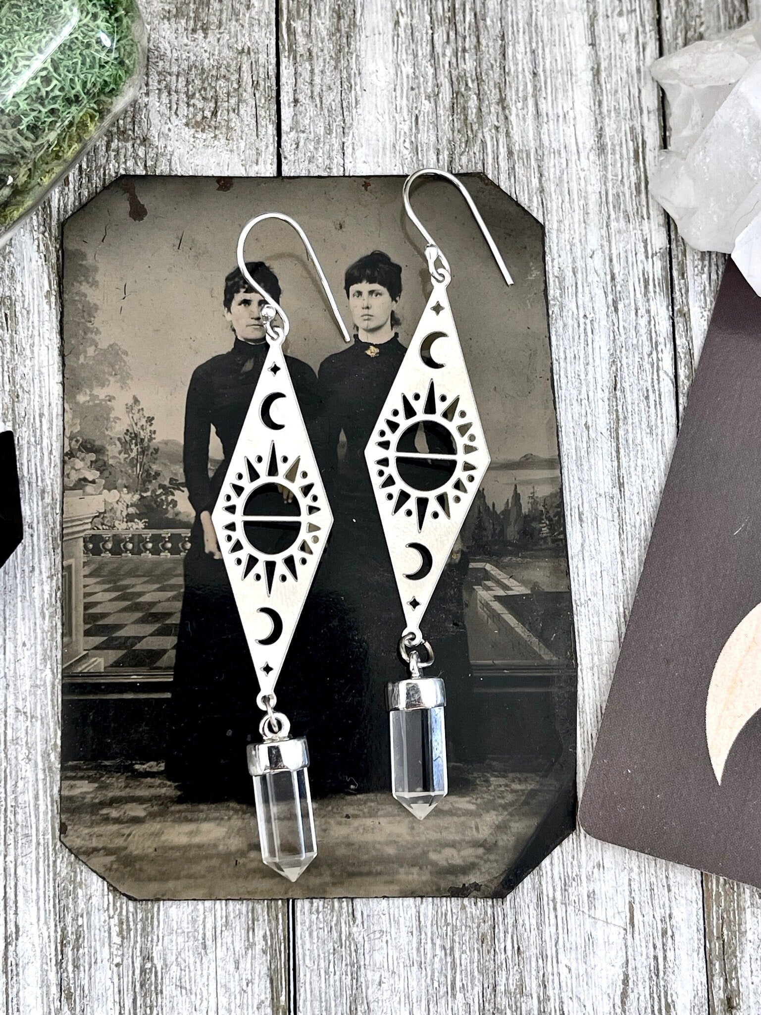 Long Sun and Moon Clear Quartz Earrings in Sterling Silver & Stainless Steel Earrings / Moon Earrings - Long Dangly Earrings - Foxlark Crystal Jewelry