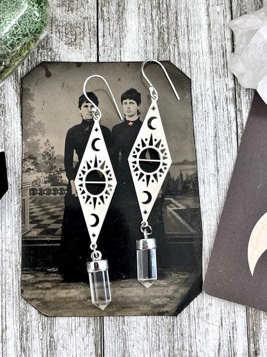 Long Sun and Moon Clear Quartz Earrings in Sterling Silver & Stainless Steel Earrings / Moon Earrings - Long Dangly Earrings - Foxlark Crystal Jewelry
