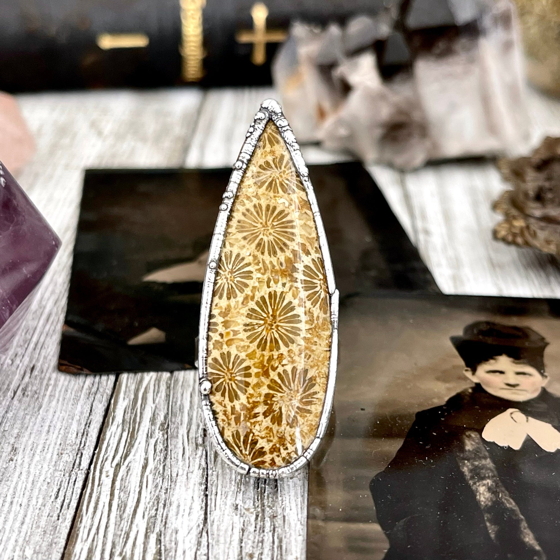 Size 8 Fossilized Coral Silver Statement Ring / Foxlark Collection - One of a Kind - Foxlark Crystal Jewelry