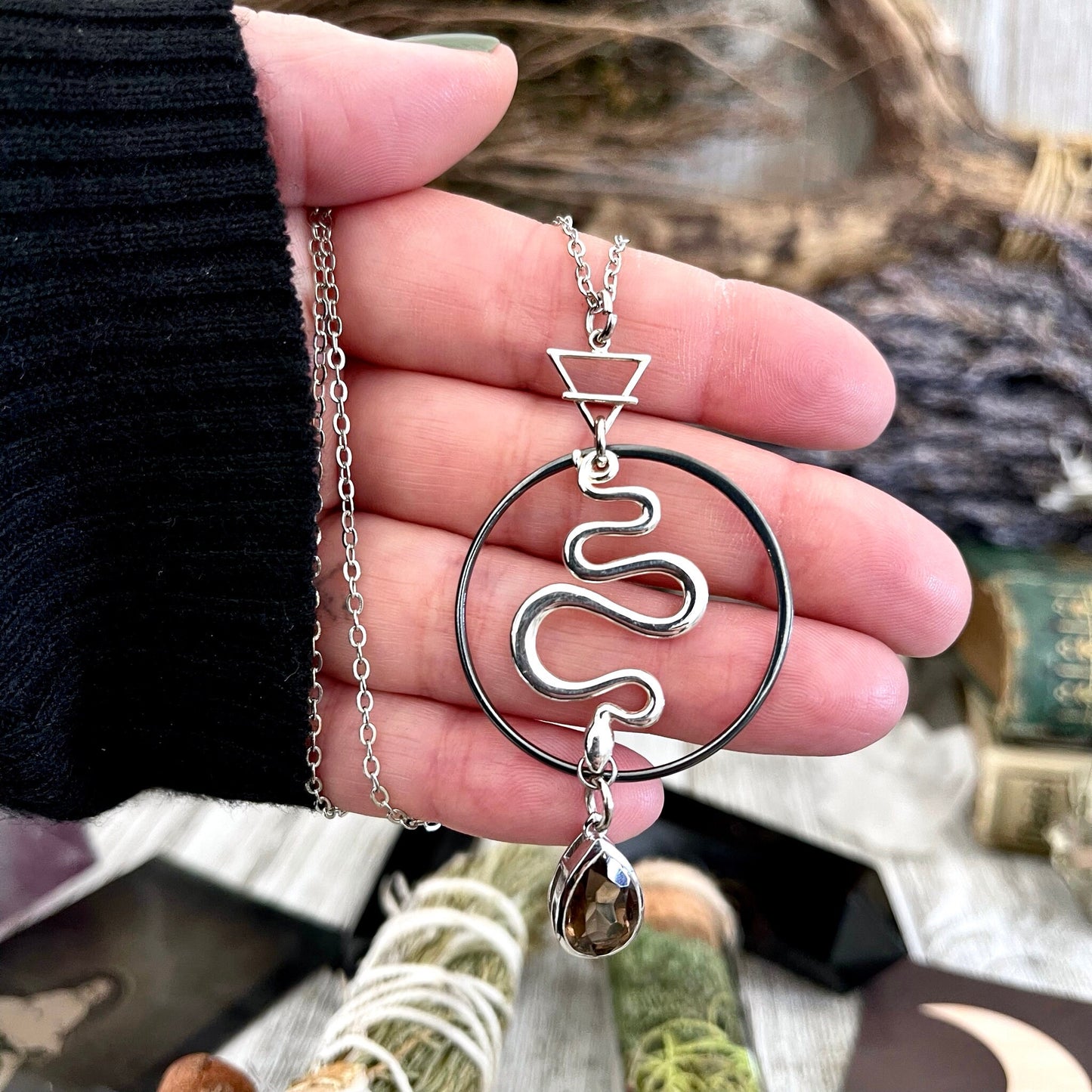 925 Sterling Silver, Amulet Charm, boho jewelry, Etsy ID: 1654926387, Gothic Jewelry, Infinity Necklace, Jewelry, Necklaces, Pendants, smokey quartz, Snake Necklace, Snake Pendant, Sterling Silver, Talisman Necklace, TINY TALISMANS, Witch Jewelry, Witch n