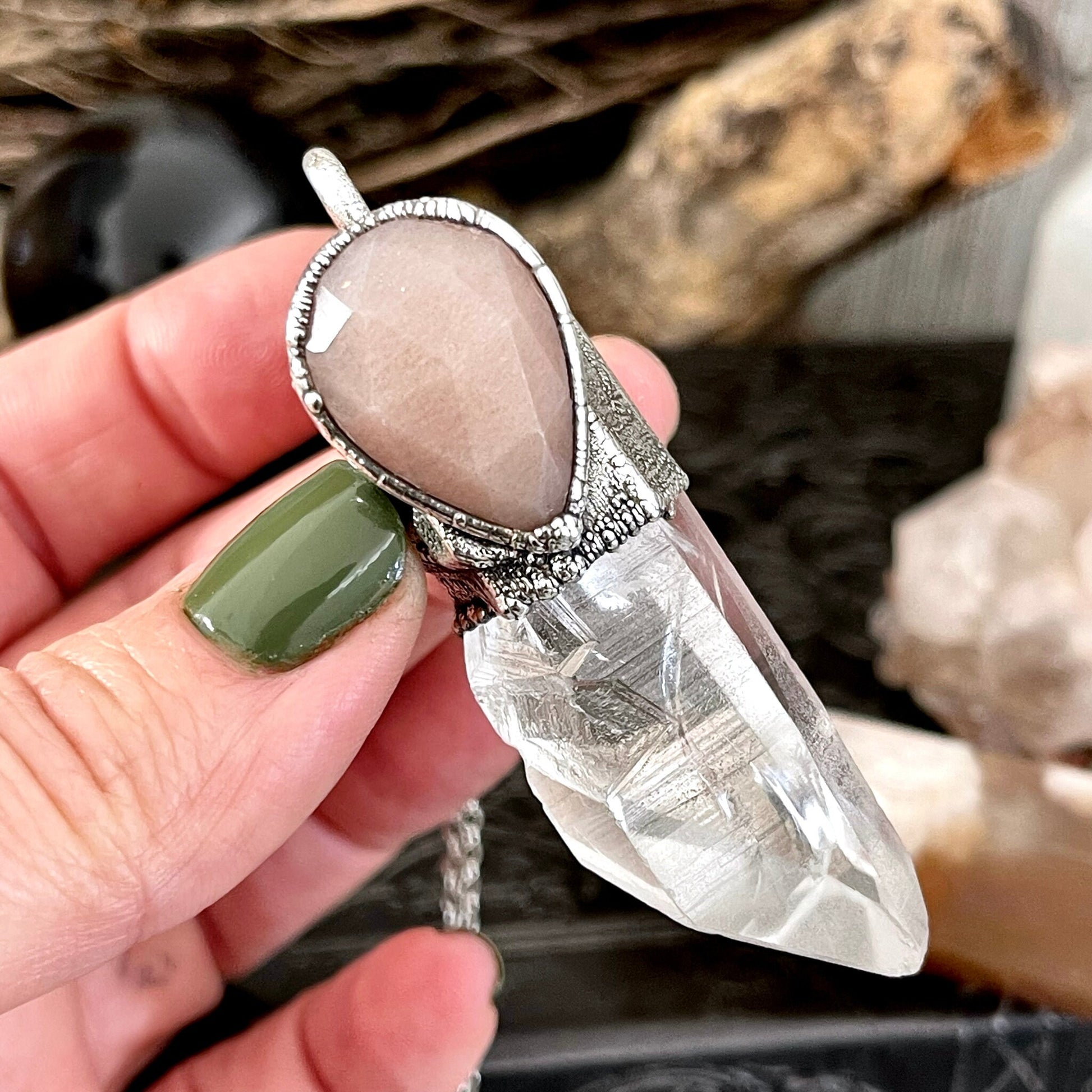 Raw Clear Quartz & Peach Moonstone Crystal Necklace in Fine Silver / Foxlark Collection - One of a Kind / Pink Stone Jewelry