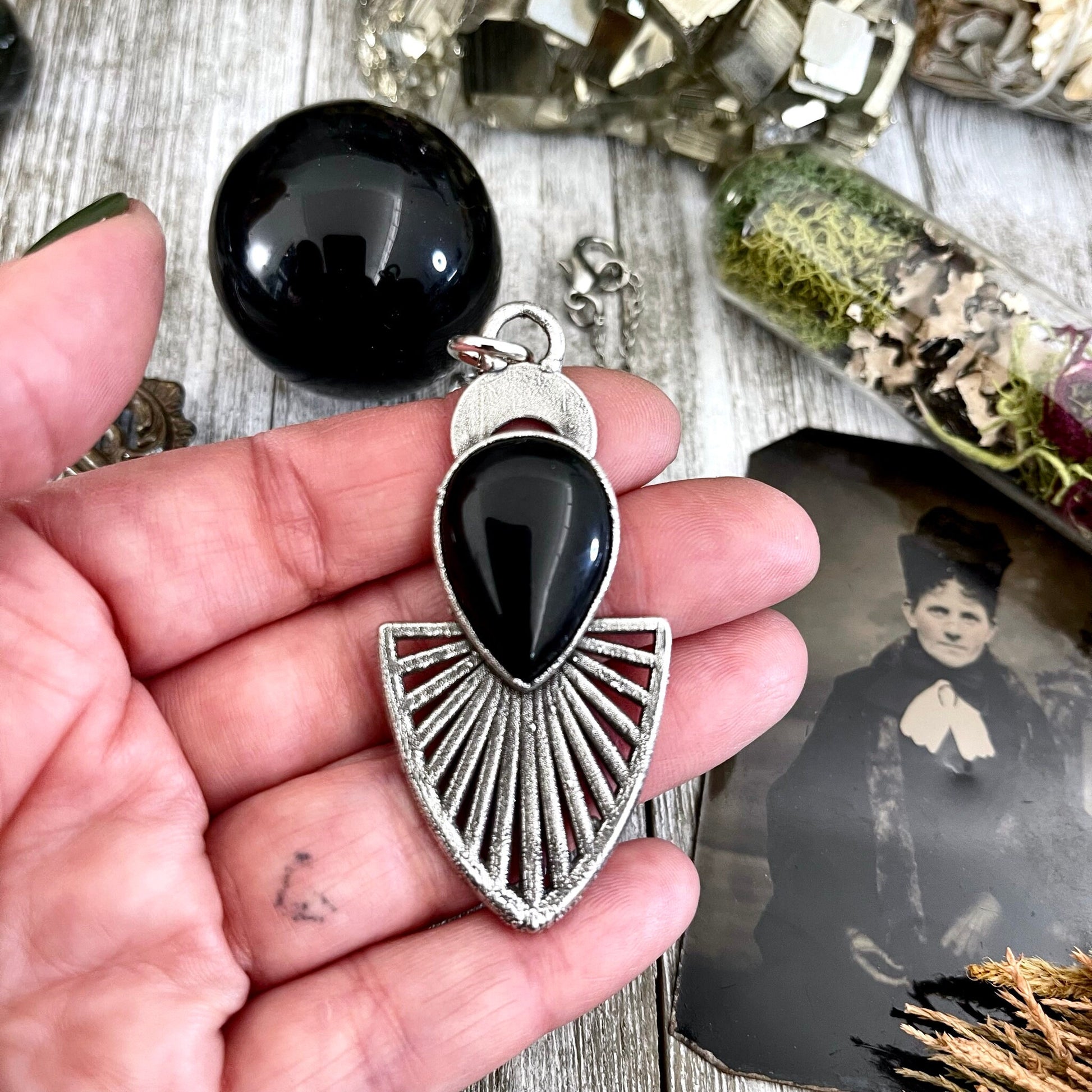 Moss & Moon Collection - Black Onyx Necklace in Fine Silver / / Punk Jewelry Gothic Statement Pendent Gothic Jewelry Witch Necklace