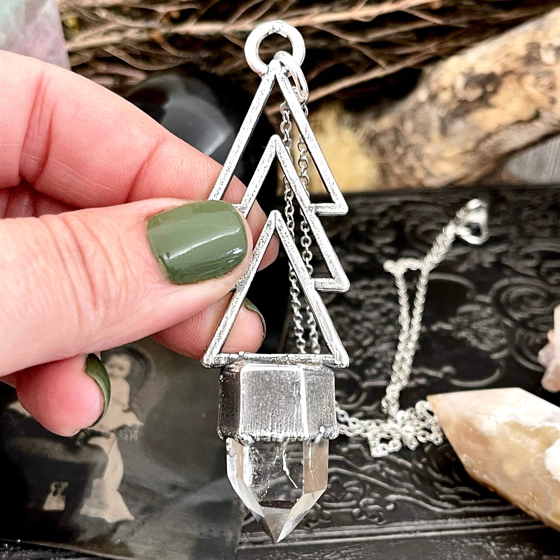 Crystal Necklace - Moss & Moon Collection - Clear Quartz Necklace set in Fine Silver / One of a Kind - by Foxlark / Witchy Goth Jewelry