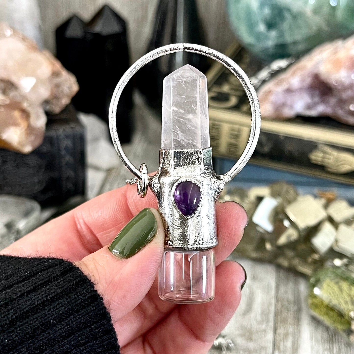 Rose Quartz and Amethyst Crystal Necklace / Silver Crystal Rollerball Necklace / Foxlark Collection - One of a Kind / Gothic Jewelry