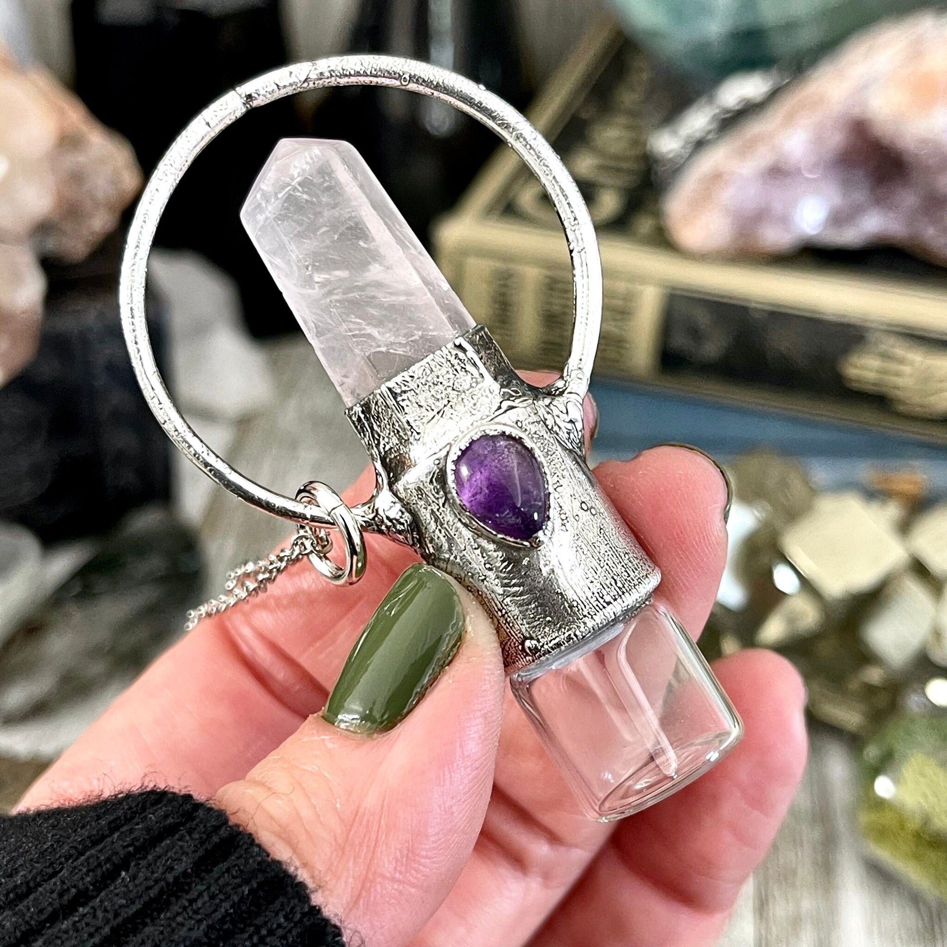 Rose Quartz and Amethyst Crystal Necklace / Silver Crystal Rollerball Necklace / Foxlark Collection - One of a Kind / Gothic Jewelry