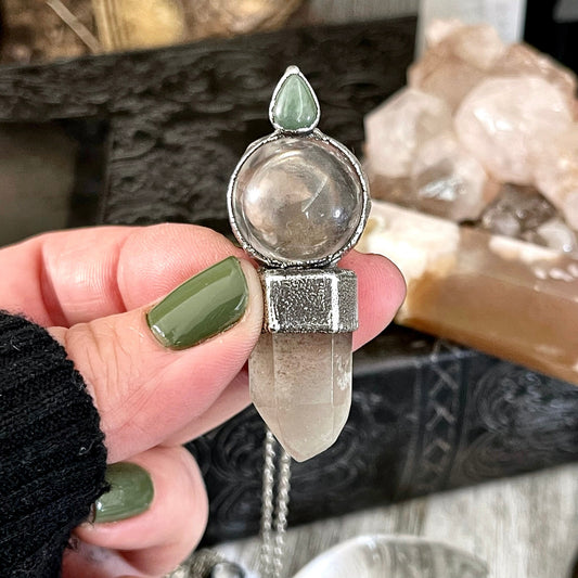 Crystal Necklace - Smoky Quartz Ball, Garden Quartz Point and Aventurine set in Fine Silver / One of a Kind - by Foxlark / Statement Jewelry