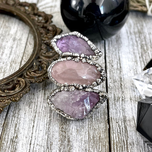Size 9 Three Stone Ring- Amethyst Rose Quartz Crystal Ring Fine Silver / Foxlark Collection - One of a Kind / Big Statement Jewelry