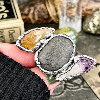 Size 9.5 Three Stone Ring- Citrine Amethyst River Rock Crystal Ring Fine Silver / Foxlark Collection - One of a Kind / Statement Jewelry
