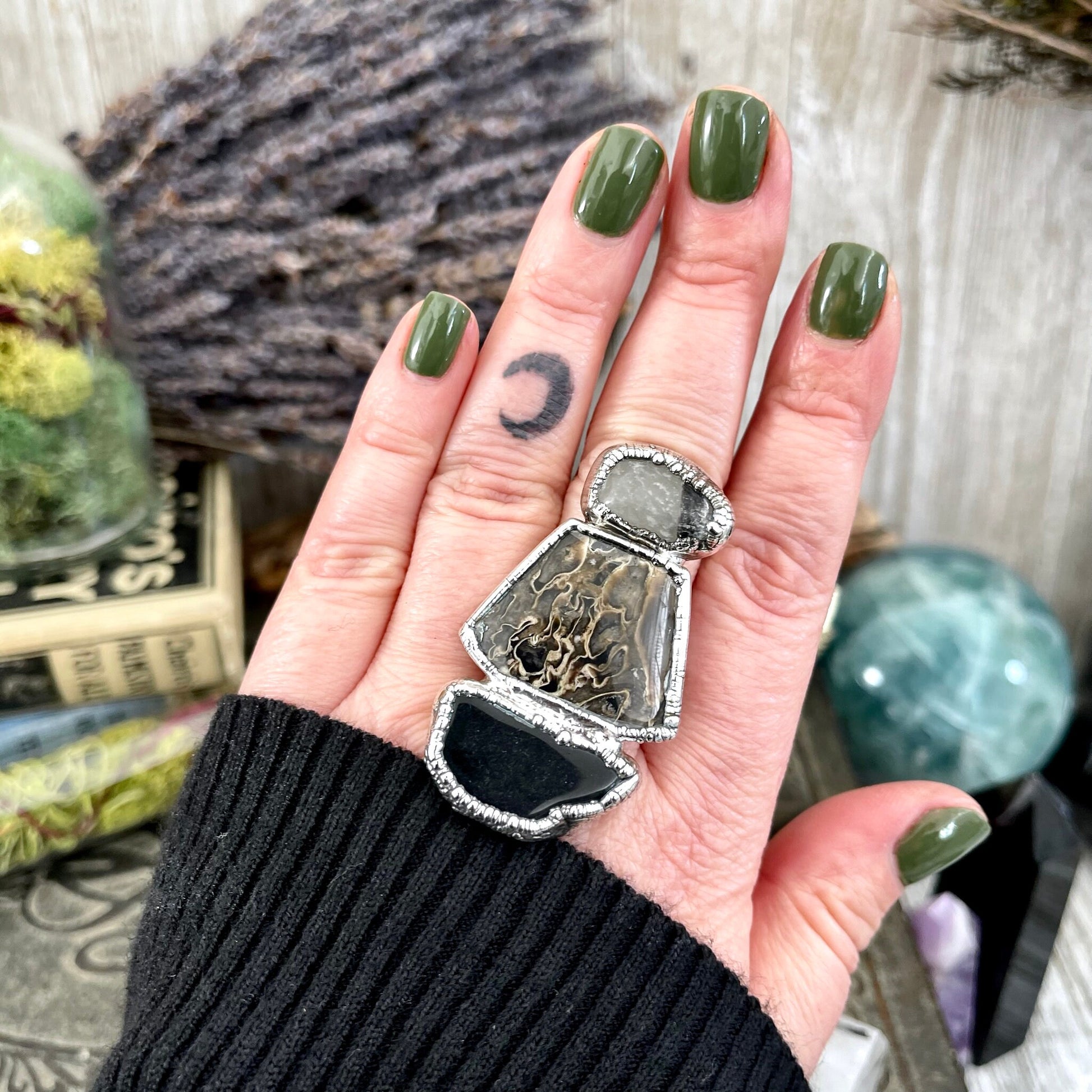 Size 10.5 Three Stone Ring- Palm Root Black Onyx Tourmaline Quartz Crystal Ring Fine Silver / Foxlark Collection - One of a Kind / Jewelry