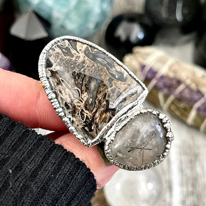 Size 10 Two Stone Ring- Palm Root Tourmaline Quartz Crystal Ring Fine Silver / Foxlark Collection - One of a Kind / Statement Jewelry