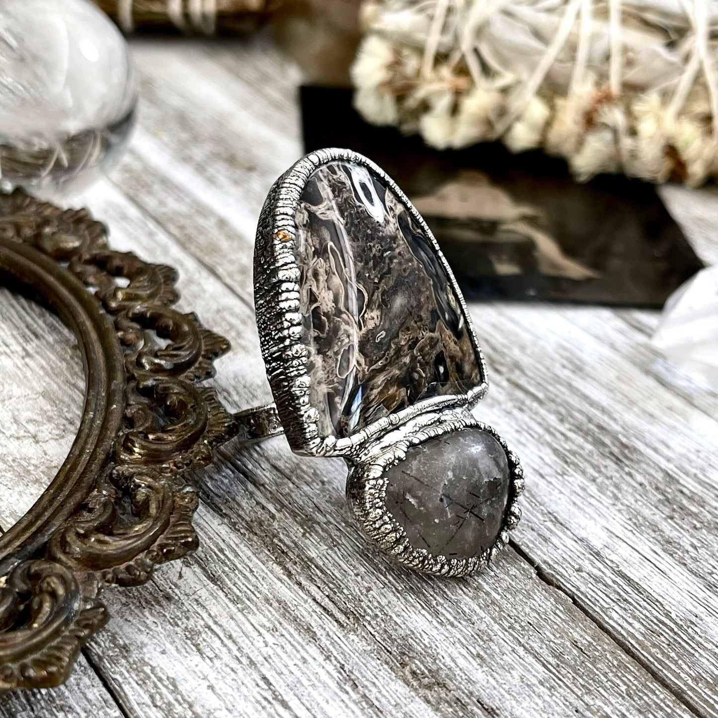 Size 10 Two Stone Ring- Palm Root Tourmaline Quartz Crystal Ring Fine Silver / Foxlark Collection - One of a Kind / Statement Jewelry