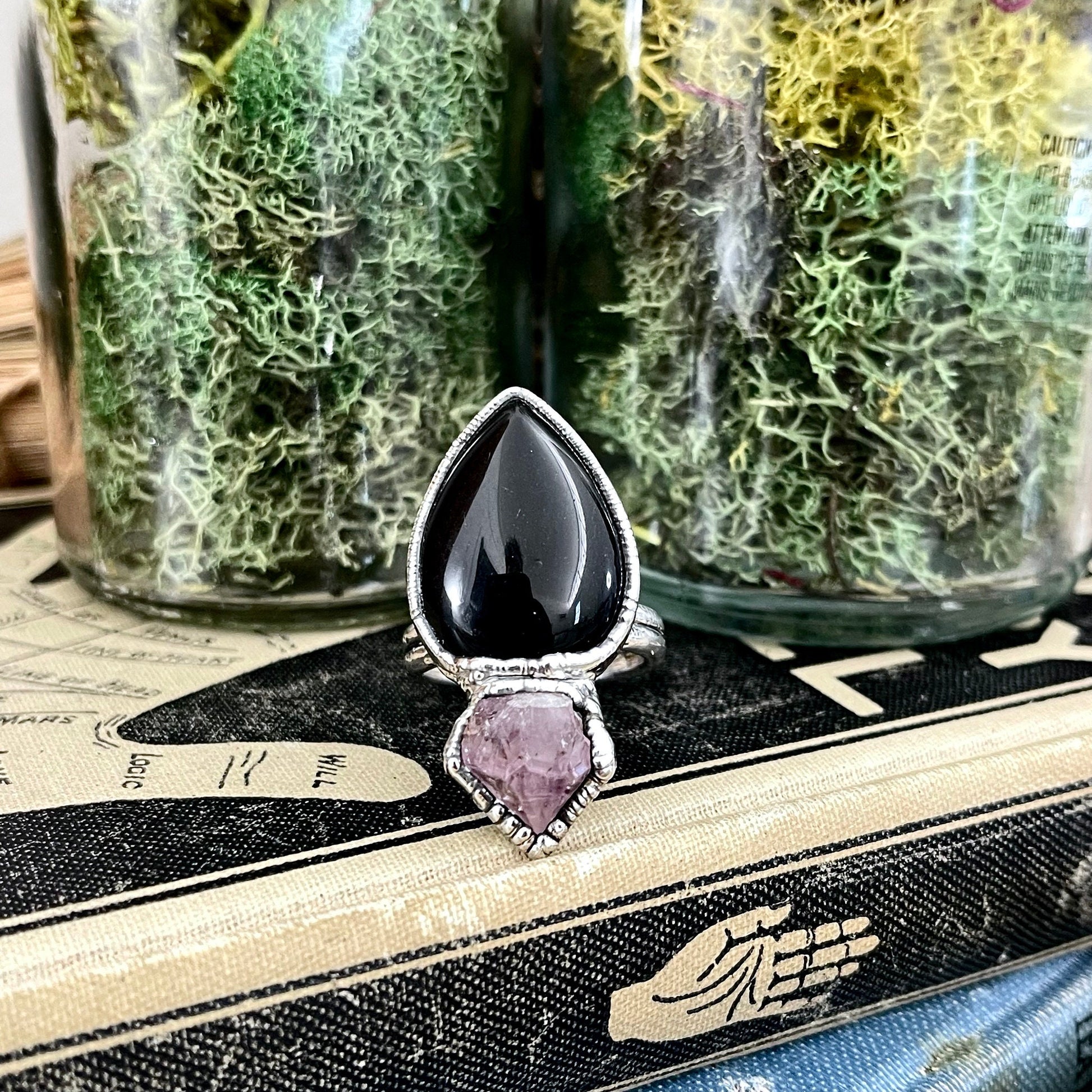 Size 9.5 Two Stone Ring- Black Onyx Purple Raw Amethyst Crystal Ring Fine Silver / Foxlark Collection - One of a Kind / Statement Jewelry
