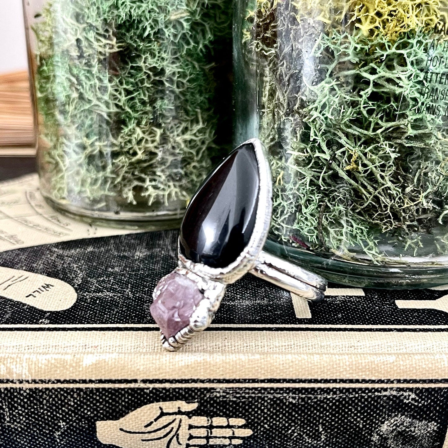Size 9.5 Two Stone Ring- Black Onyx Purple Raw Amethyst Crystal Ring Fine Silver / Foxlark Collection - One of a Kind / Statement Jewelry