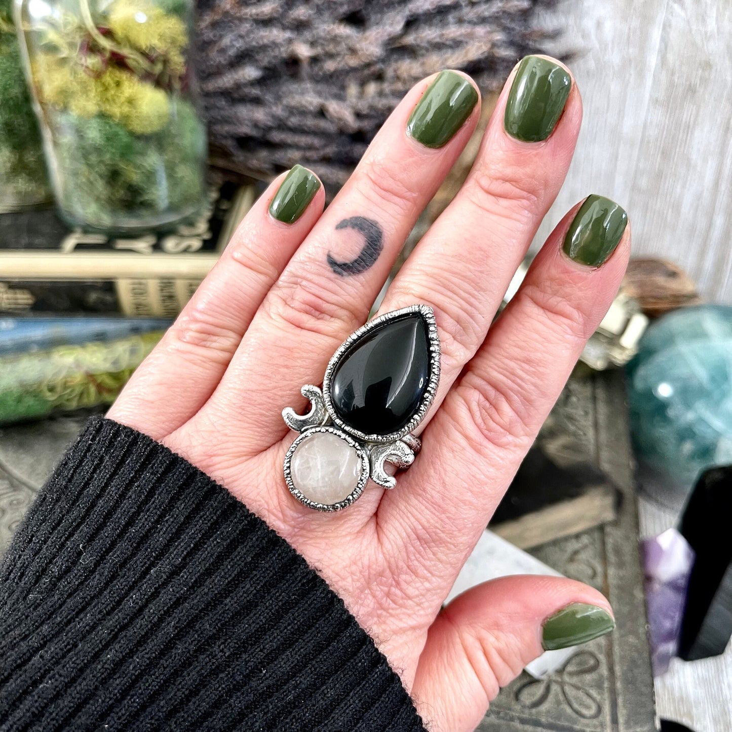 Size 10 Two Stone Ring- Black Onyx Rose Quartz Crystal Ring Fine Silver / Foxlark Collection - One of a Kind / Statement Jewelry