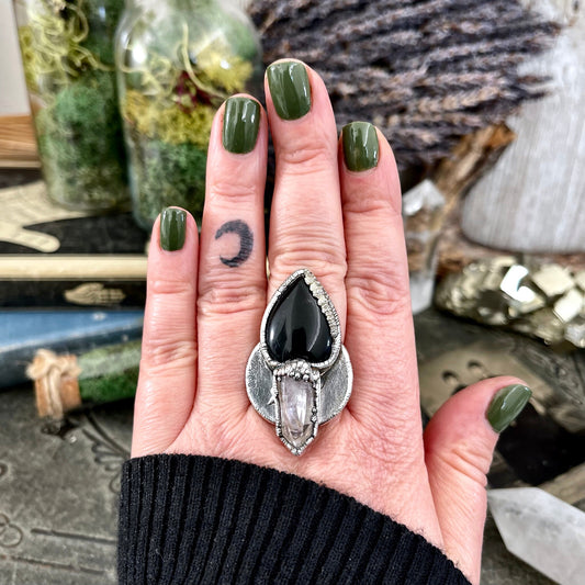 Size 9 Two Stone Ring- Black Onyx Raw Vera Cruz Amethyst Crystal Ring Fine Silver / Foxlark Collection - One of a Kind / Statement Jewelry