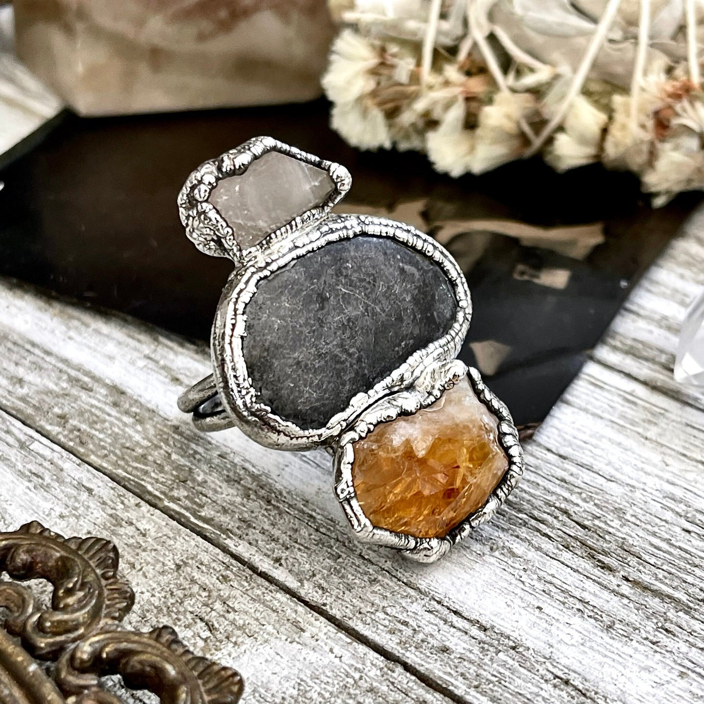 Size 7.5 Three Stone Ring- Citrine Clear Quartz River Rock Crystal Ring Fine Silver / Foxlark Collection - One of a Kind / Statement Jewelry