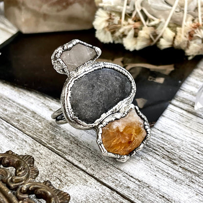 Size 7.5 Three Stone Ring- Citrine Clear Quartz River Rock Crystal Ring Fine Silver / Foxlark Collection - One of a Kind / Statement Jewelry