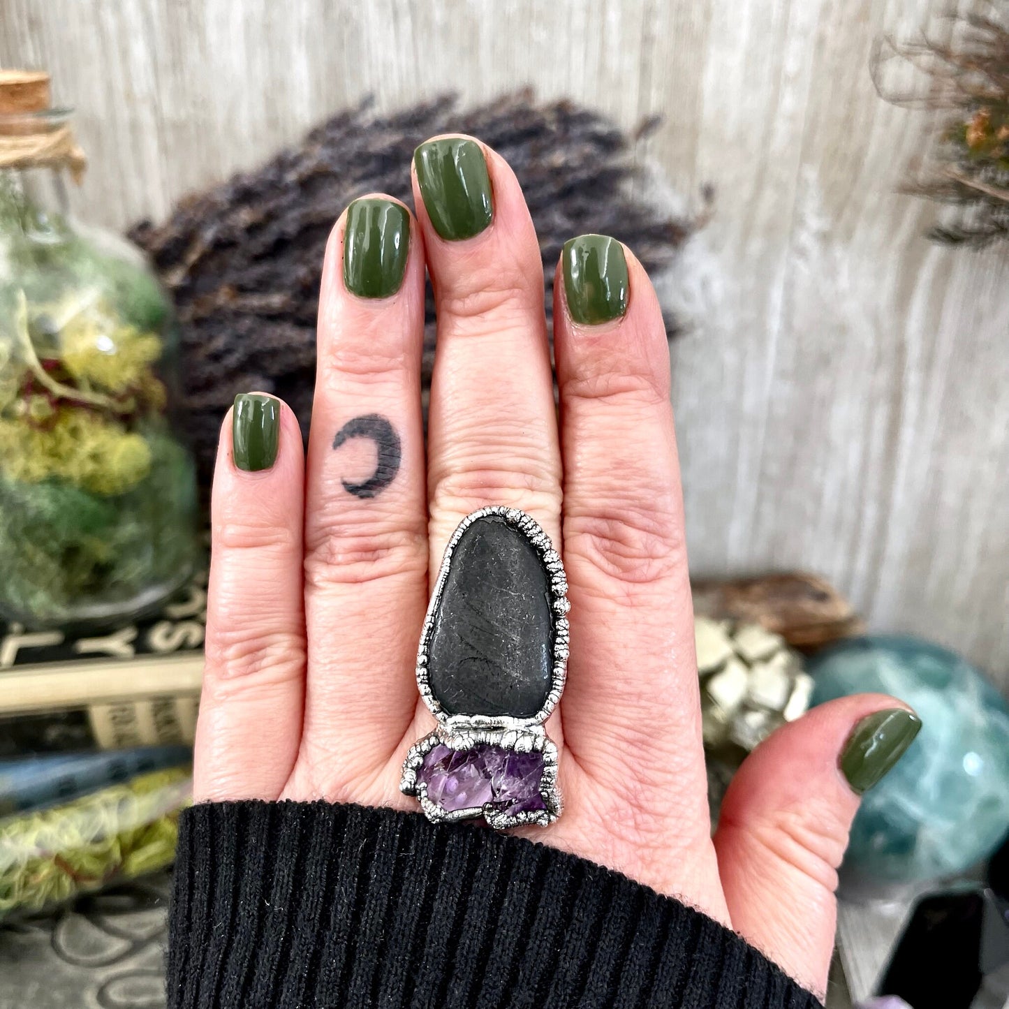 Size 8 Two Stone Ring-River Rock Purple Raw Amethyst Crystal Ring Fine Silver / Foxlark Collection - One of a Kind / Statement Jewelry