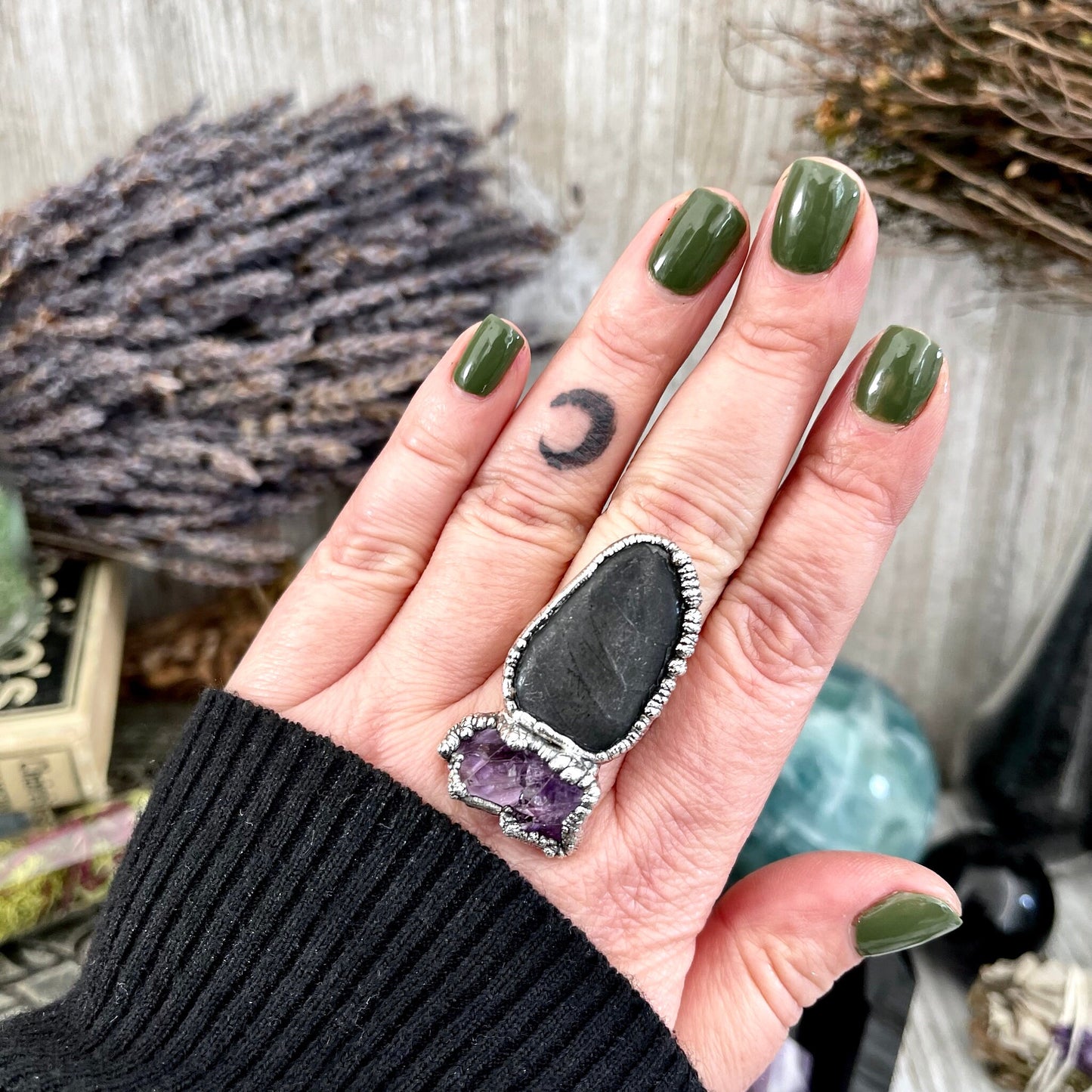 Size 8 Two Stone Ring-River Rock Purple Raw Amethyst Crystal Ring Fine Silver / Foxlark Collection - One of a Kind / Statement Jewelry